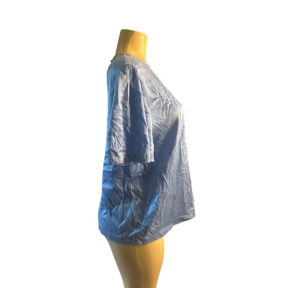 Women 40 US-8 Sezane Blue Silk Short Sleeved Blouse Shirt Top Keyhole Back - Picture 5 of 7